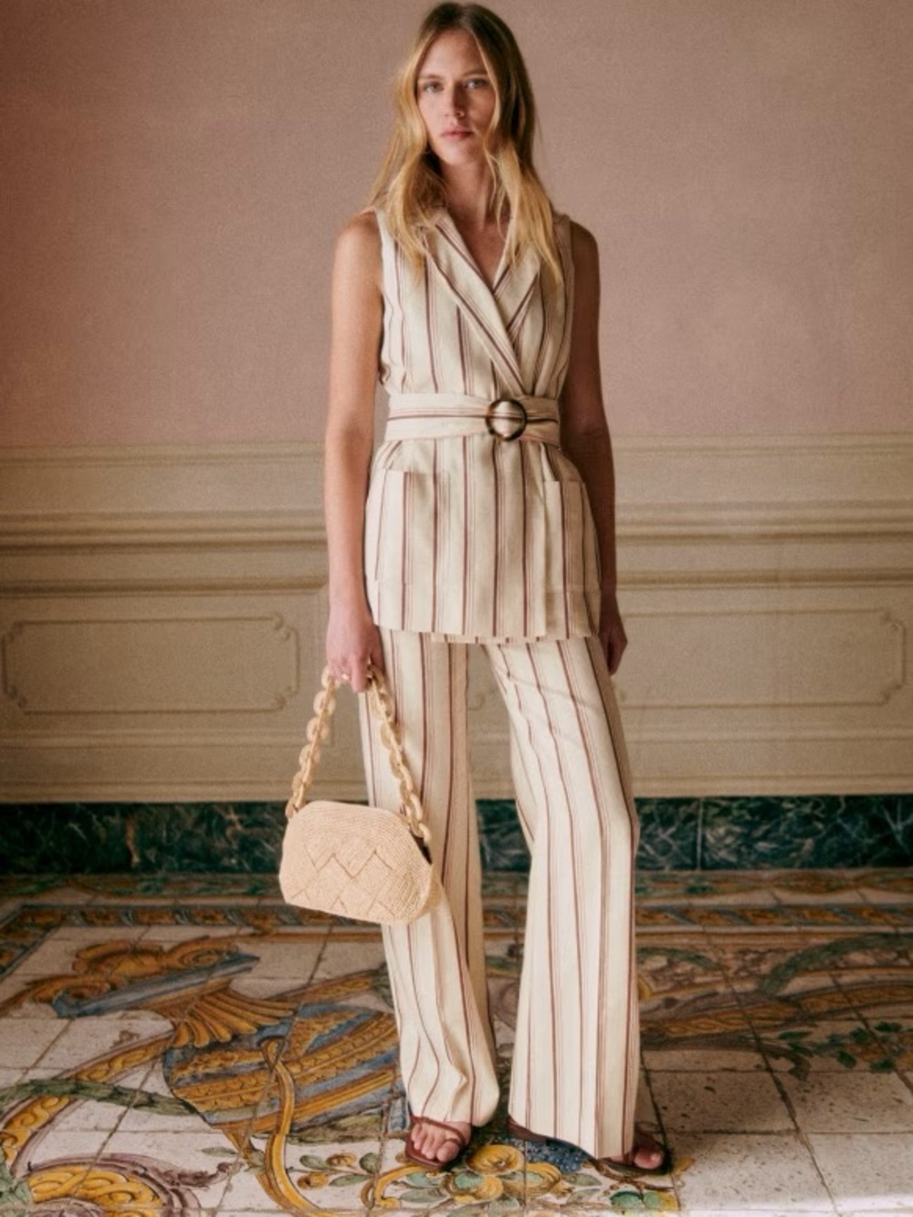 NWT Sézane Matheo Trousers in Stripes Beige Pink Brown Size 4/36 - Picture 2 of 7